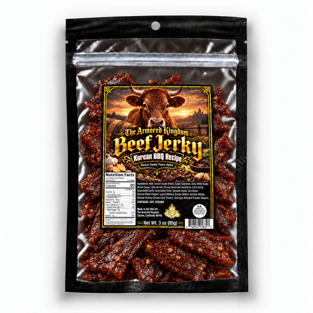 Korean BBQ Recipe Gourmet Beef Jerky by The Armored Kingdom Jerky-3oz Dried Snack-Smoky-Sweet Fusion Flavor-Tender Texture-High Protein-The Armored Kingdom - The Armored Kingdom