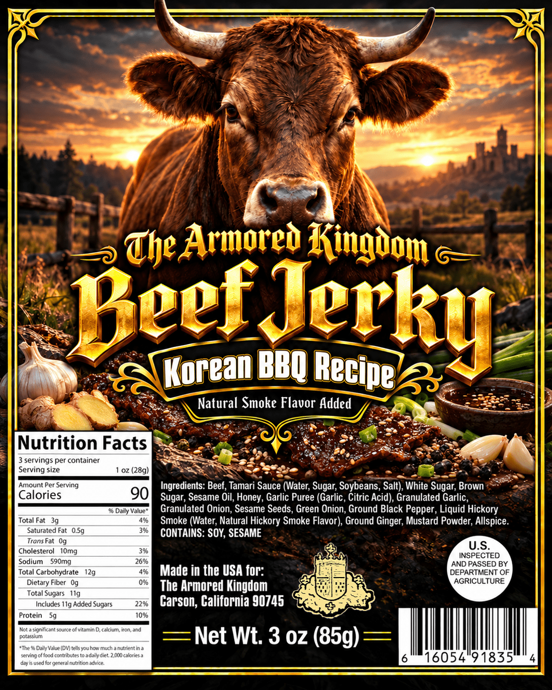 Korean BBQ Recipe Gourmet Beef Jerky by The Armored Kingdom Jerky-3oz Dried Snack-Smoky-Sweet Fusion Flavor-Tender Texture-High Protein-The Armored Kingdom - The Armored Kingdom