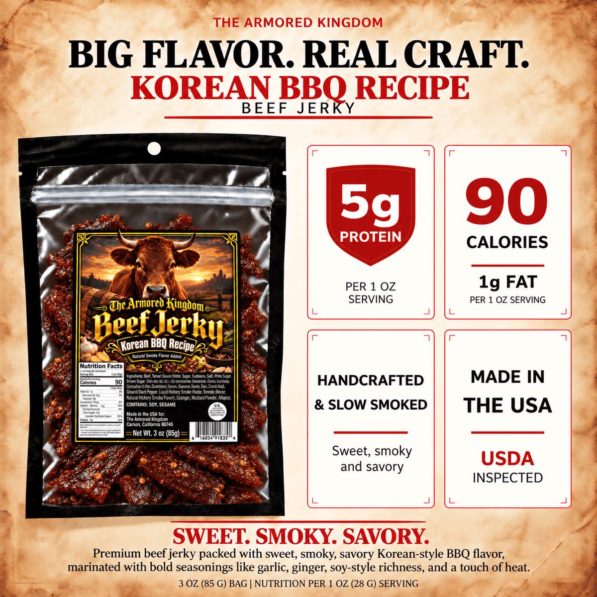 Korean BBQ Recipe Gourmet Beef Jerky by The Armored Kingdom Jerky-3oz Dried Snack-Smoky-Sweet Fusion Flavor-Tender Texture-High Protein-The Armored Kingdom - The Armored Kingdom