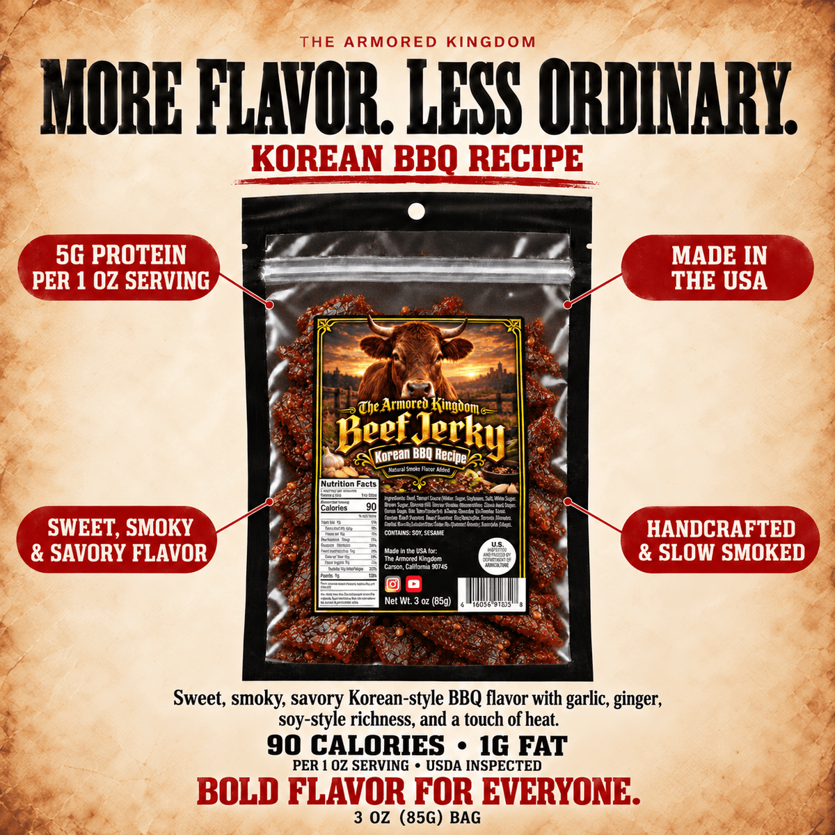Korean BBQ Recipe Gourmet Beef Jerky by The Armored Kingdom Jerky-3oz Dried Snack-Smoky-Sweet Fusion Flavor-Tender Texture-High Protein-The Armored Kingdom - The Armored Kingdom
