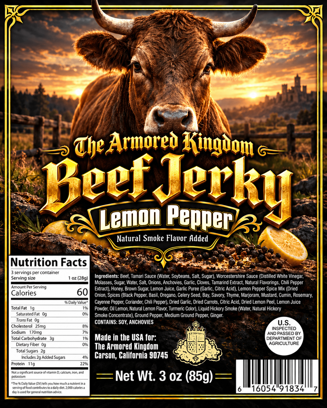 Lemon Pepper Gourmet Beef Jerky by The Armored Kingdom Jerky-3oz-High Protein-Dried Snack- The Armored Kingdom - The Armored Kingdom