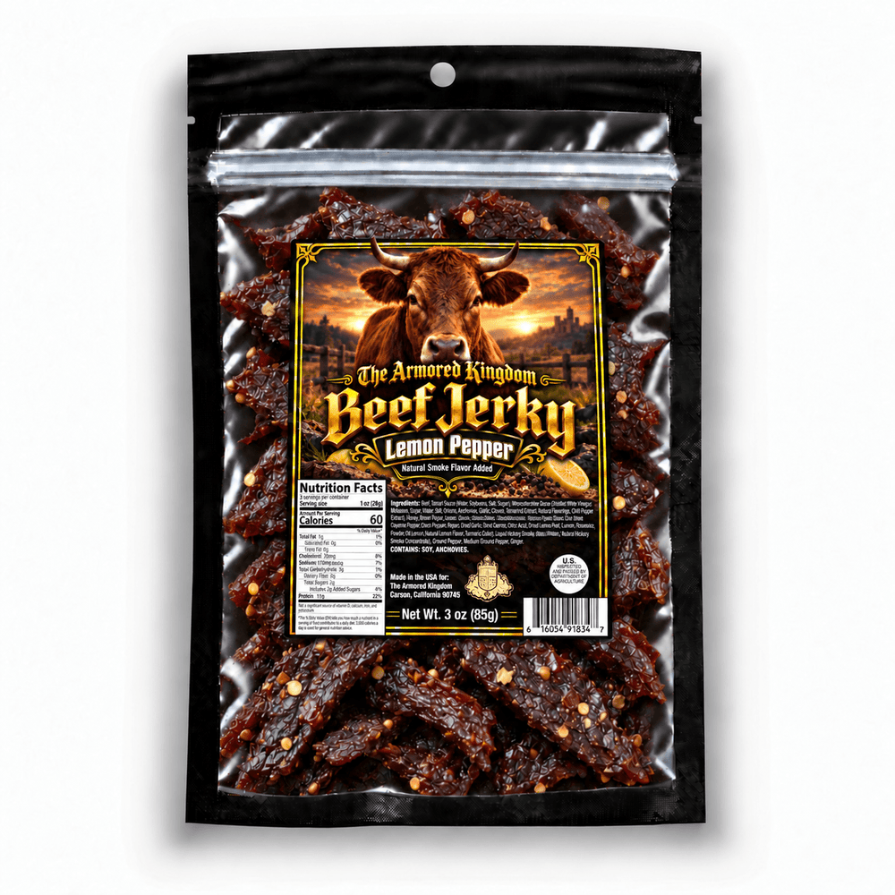 Lemon Pepper Gourmet Beef Jerky by The Armored Kingdom Jerky-3oz-High Protein-Dried Snack- The Armored Kingdom - The Armored Kingdom
