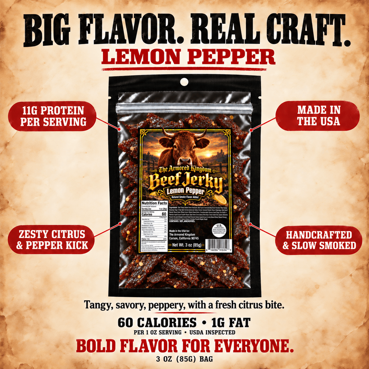 Lemon Pepper Gourmet Beef Jerky by The Armored Kingdom Jerky-3oz-High Protein-Dried Snack- The Armored Kingdom - The Armored Kingdom