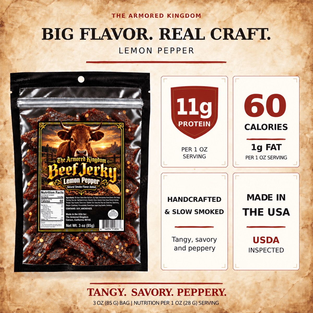 Lemon Pepper Gourmet Beef Jerky by The Armored Kingdom Jerky-3oz-High Protein-Dried Snack- The Armored Kingdom - The Armored Kingdom