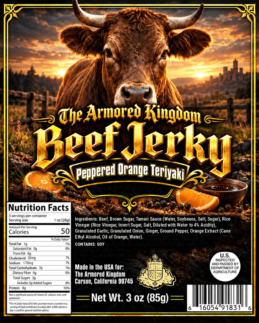 Peppered Orange Teriyaki Gourmet Beef Jerky by The Armored Kingdom Jerky 3oz Premium Cuts, Bold Spicy Heat, High Protein, Savory Flavorful Blend, The Armored Kingdom - The Armored Kingdom