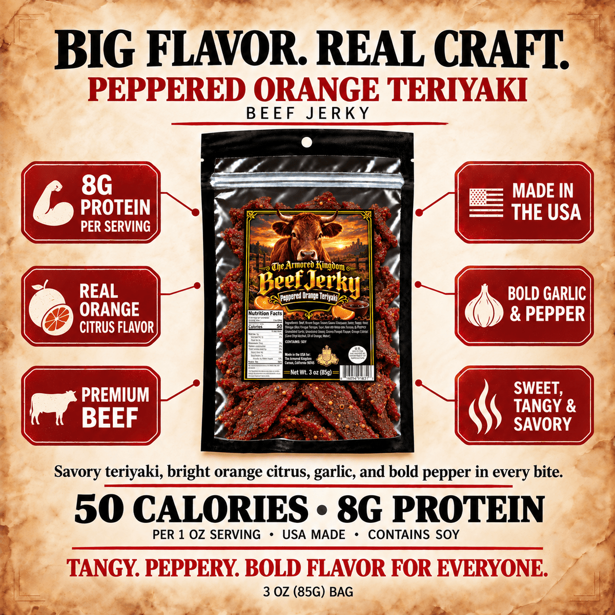 Peppered Orange Teriyaki Gourmet Beef Jerky by The Armored Kingdom Jerky 3oz Premium Cuts, Bold Spicy Heat, High Protein, Savory Flavorful Blend, The Armored Kingdom - The Armored Kingdom
