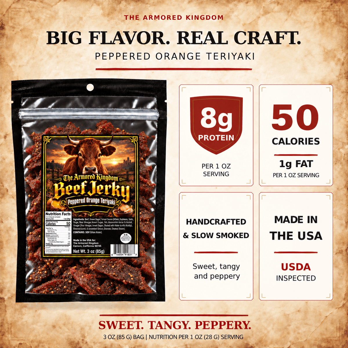 Peppered Orange Teriyaki Gourmet Beef Jerky by The Armored Kingdom Jerky 3oz Premium Cuts, Bold Spicy Heat, High Protein, Savory Flavorful Blend, The Armored Kingdom - The Armored Kingdom