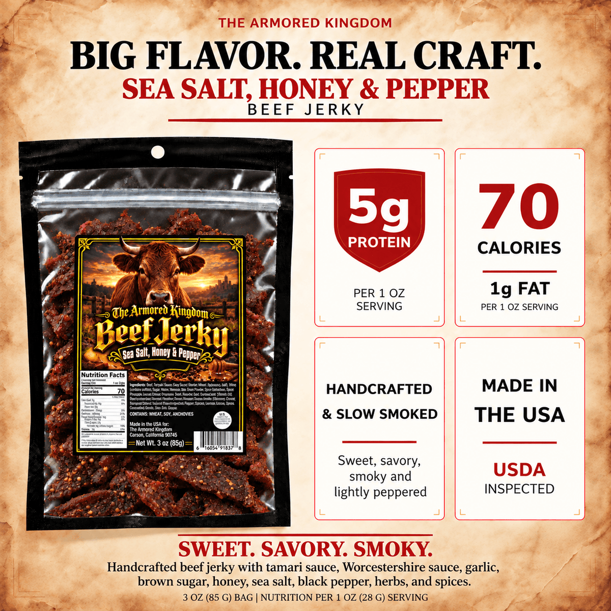 Sea Salt, Honey & Pepper Gourmet Beef Jerky by The Armored Kingdom Jerky-3oz-protein dry snack-The Armored Kingdom - The Armored Kingdom