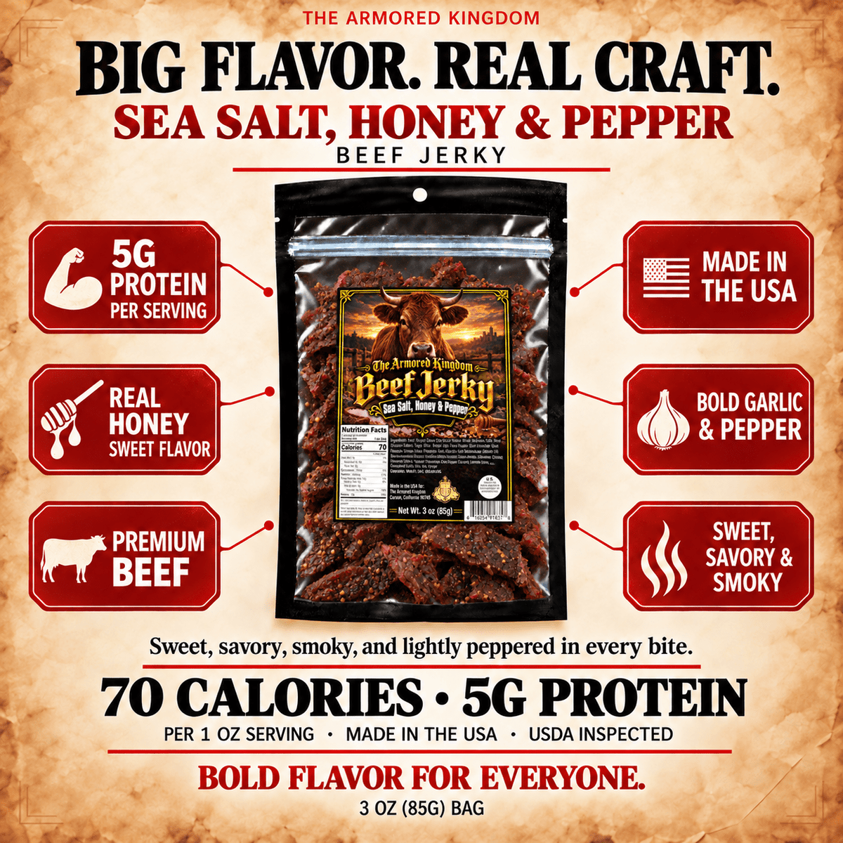 Sea Salt, Honey & Pepper Gourmet Beef Jerky by The Armored Kingdom Jerky-3oz-protein dry snack-The Armored Kingdom - The Armored Kingdom