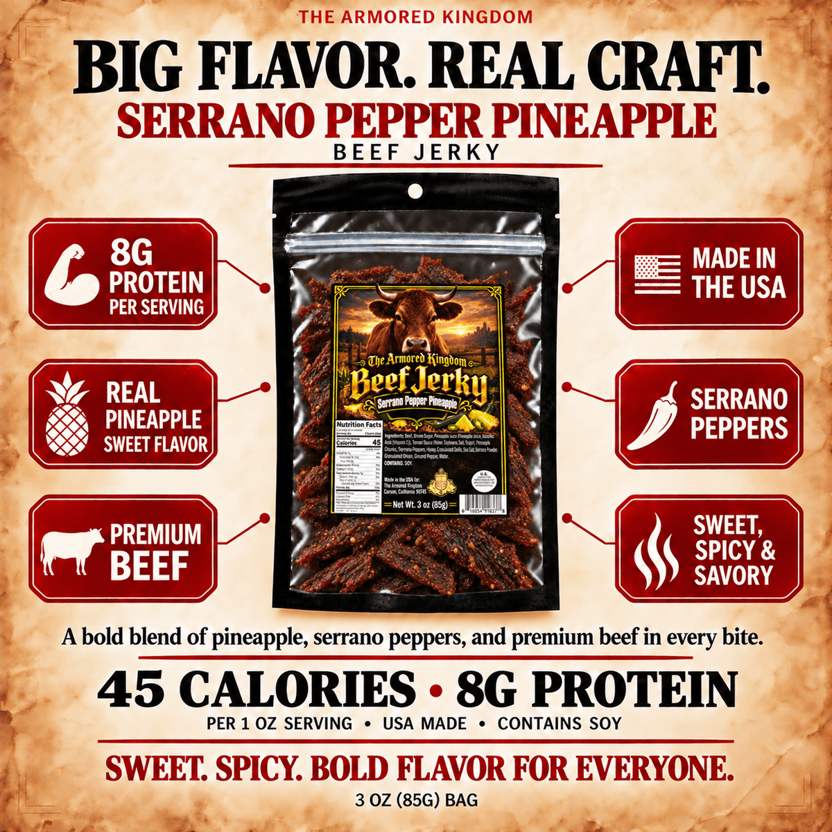 Serrano Pepper Pineapple Gourmet Beef Jerky by The Armored Kingdom Jerky-3oz-USA Made-Dried Meat-Protein Snack-The Armored Kingdom - The Armored Kingdom