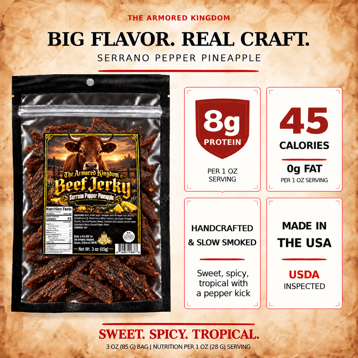 Serrano Pepper Pineapple Gourmet Beef Jerky by The Armored Kingdom Jerky-3oz-USA Made-Dried Meat-Protein Snack-The Armored Kingdom - The Armored Kingdom