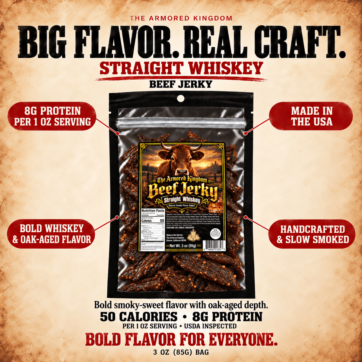 Straight Whiskey Gourmet Beef Jerky by The Armored Kingdom Jerky-3oz-High Protein Dry Snack-Savory-Marinated with straight whiskey- The Armored Kingdom - The Armored Kingdom