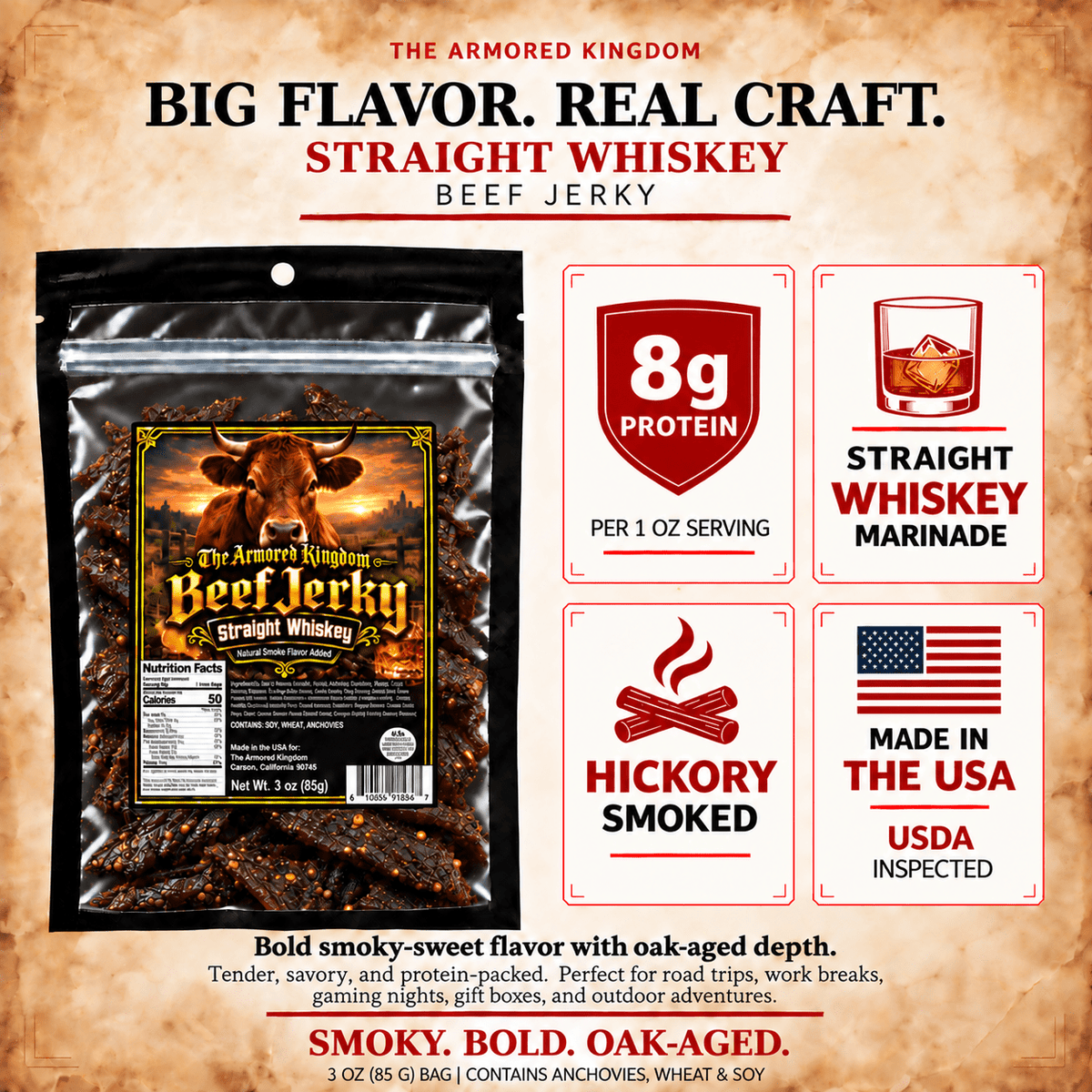 Straight Whiskey Gourmet Beef Jerky by The Armored Kingdom Jerky-3oz-High Protein Dry Snack-Savory-Marinated with straight whiskey- The Armored Kingdom - The Armored Kingdom