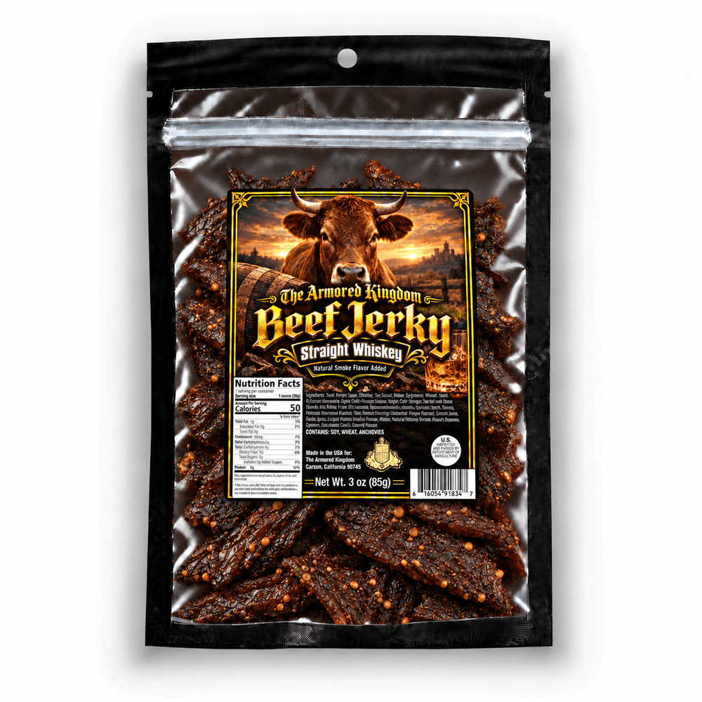 Straight Whiskey Gourmet Beef Jerky by The Armored Kingdom Jerky-3oz-High Protein Dry Snack-Savory-Marinated with straight whiskey- The Armored Kingdom - The Armored Kingdom