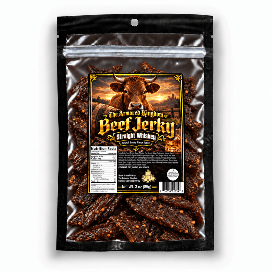 Straight Whiskey Gourmet Beef Jerky by The Armored Kingdom Jerky-3oz-High Protein Dry Snack-Savory-Marinated with straight whiskey- The Armored Kingdom - The Armored Kingdom