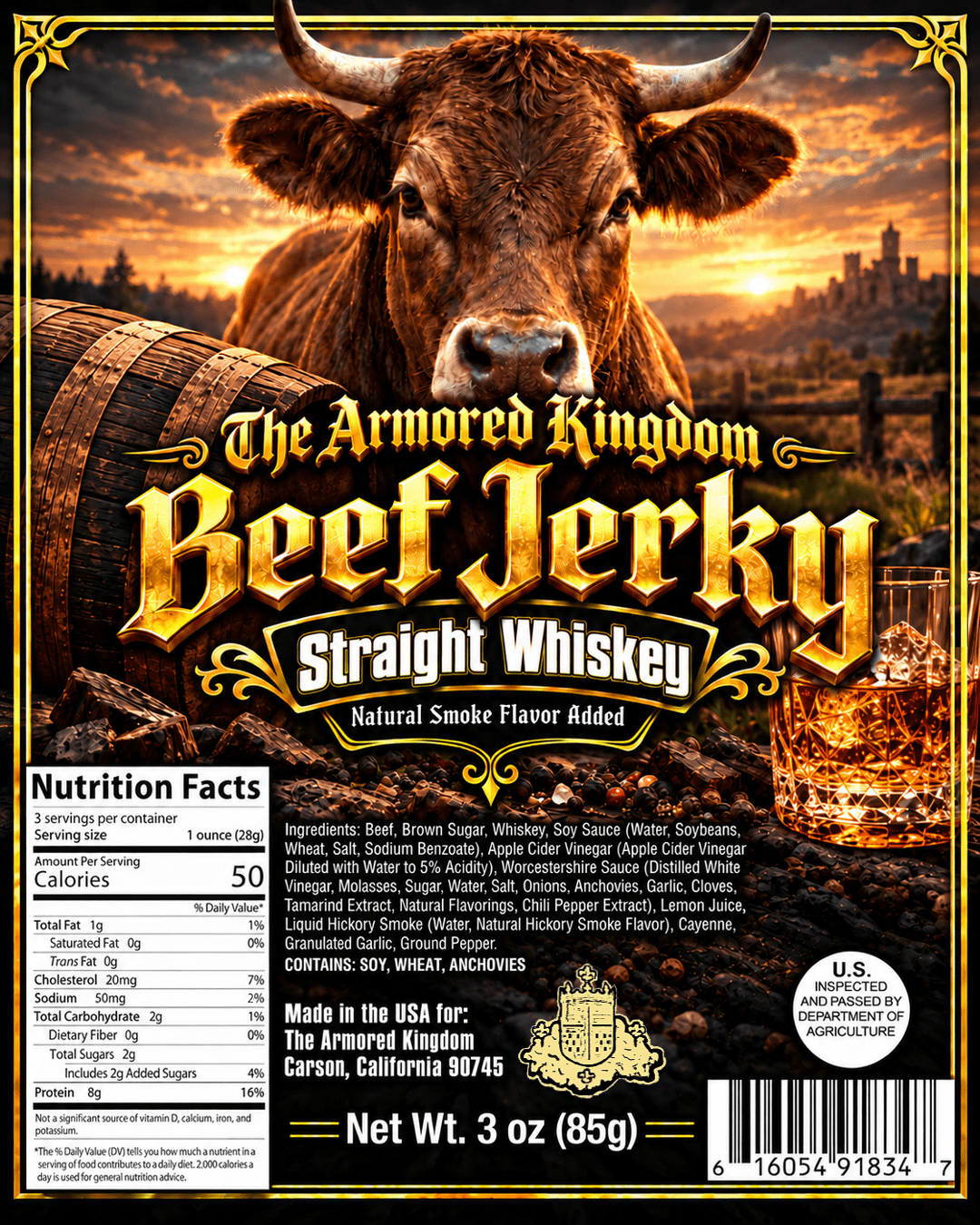 Straight Whiskey Gourmet Beef Jerky by The Armored Kingdom Jerky-3oz-High Protein Dry Snack-Savory-Marinated with straight whiskey- The Armored Kingdom - The Armored Kingdom