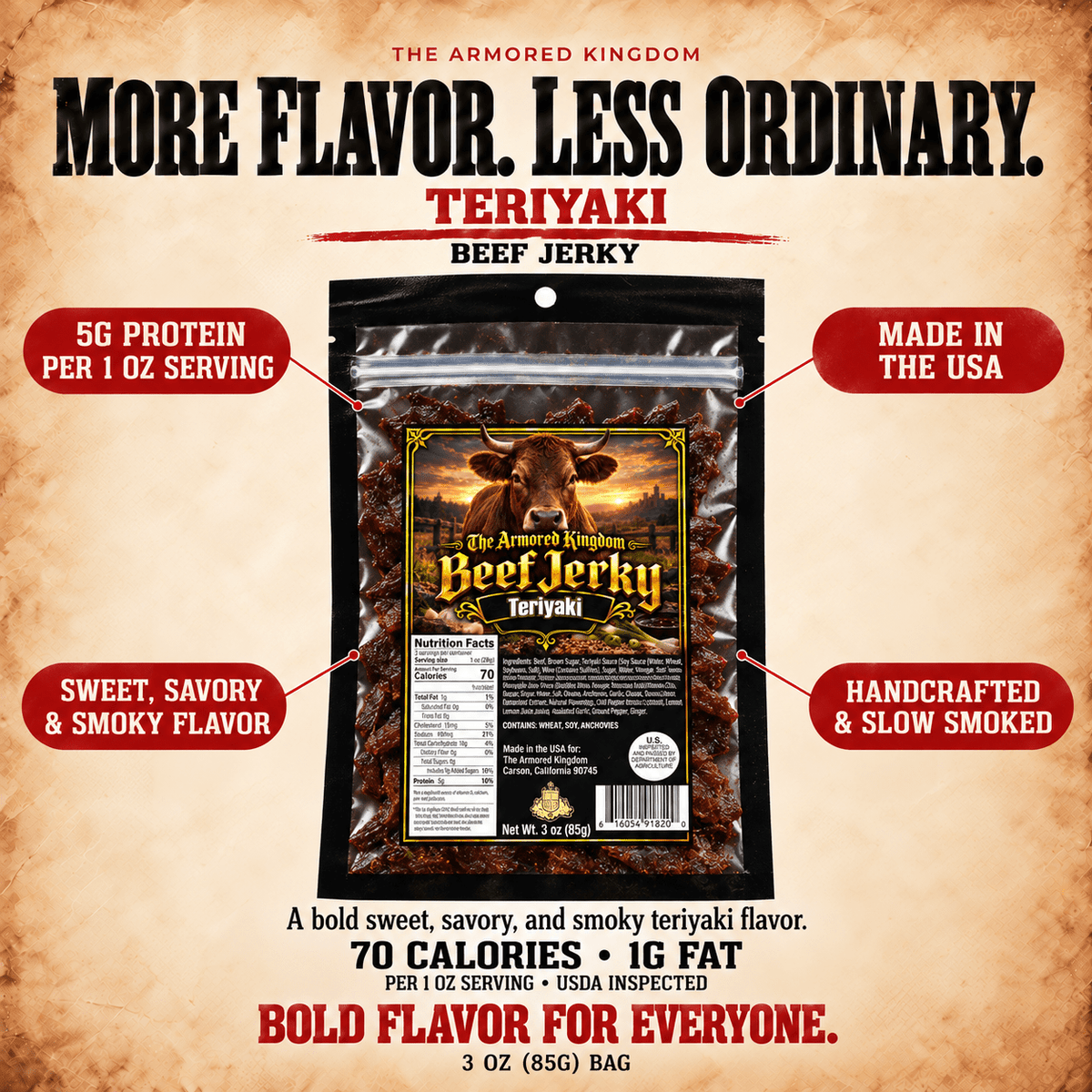 Teriyaki Gourmet Beef Jerky by The Armored Kingdom Jerky-3oz Snack-Dried Meat Snack for On the Go-Protein Snack-Savory- The Armored Kingdom - The Armored Kingdom