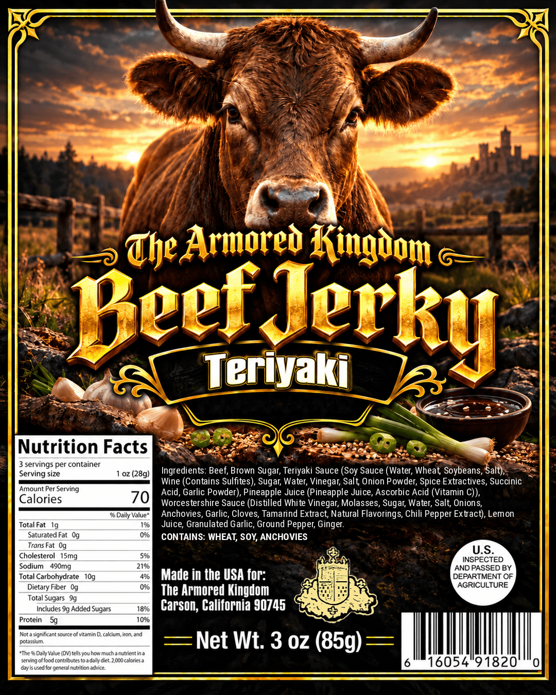Teriyaki Gourmet Beef Jerky by The Armored Kingdom Jerky-3oz Snack-Dried Meat Snack for On the Go-Protein Snack-Savory- The Armored Kingdom - The Armored Kingdom