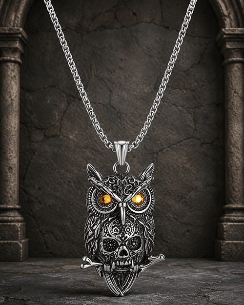 The Armored Kingdom Ember-Eyed Skull Owl Necklace-Gothic Style-Unique Style-Medieval Jewelry - The Armored Kingdom