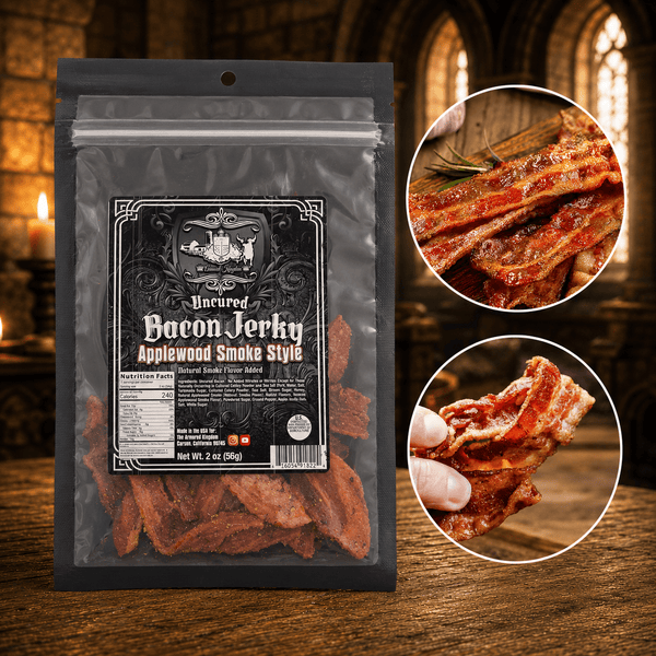 The Armored Kingdom Gourmet Applewood Smoke Style Bacon Jerky Bag-USA Made-Delicious Protein Snack-Ready to Eat Tender Snack-Premium Bacon - The Armored Kingdom