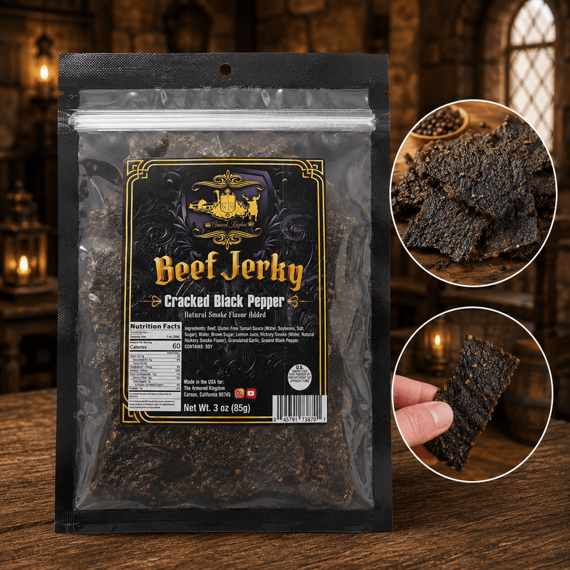 The Armored Kingdom Gourmet Cracked Black Pepper Beef Jerky-3oz-Savory High-Protein Snack, Resealable Bag, U.S.A. Inspected & Approved-Dried - The Armored Kingdom