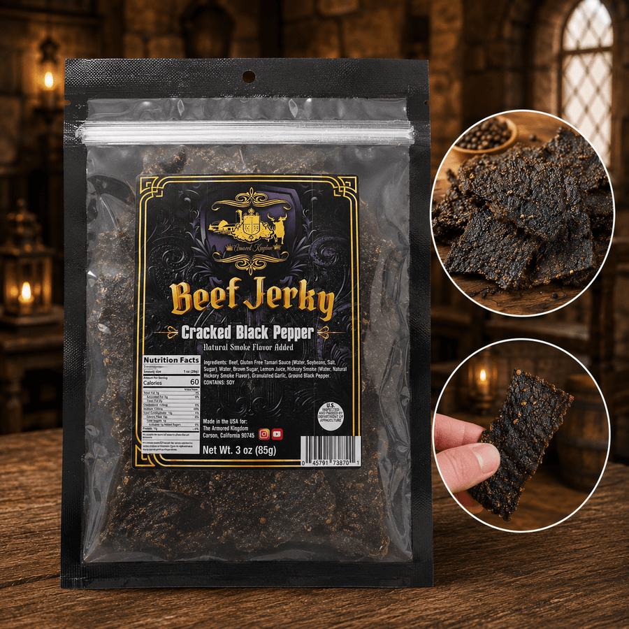 The Armored Kingdom Gourmet Cracked Black Pepper Beef Jerky-3oz-Savory High-Protein Snack, Resealable Bag, U.S.A. Inspected & Approved-Dried - The Armored Kingdom