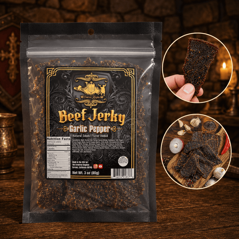 The Armored Kingdom Gourmet Garlic Pepper Beef Jerky-3oz of Delicious Protein Filled Snack- Dried Snack-Meat - The Armored Kingdom