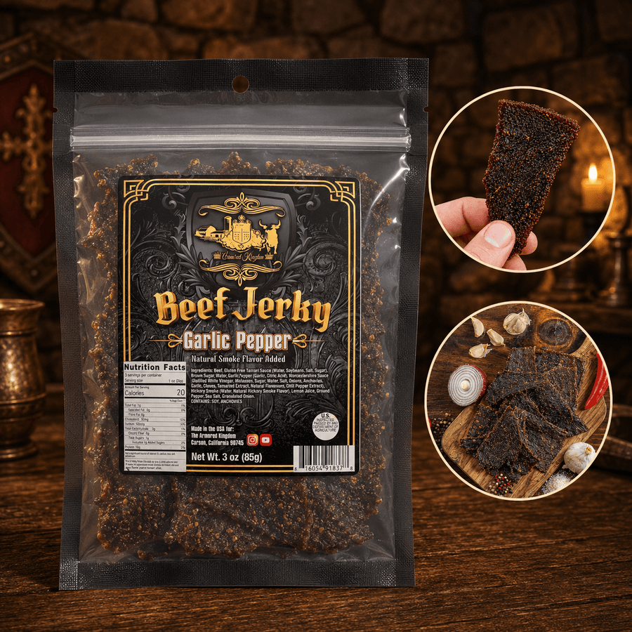 The Armored Kingdom Gourmet Garlic Pepper Beef Jerky-3oz of Delicious Protein Filled Snack- Dried Snack-Meat - The Armored Kingdom
