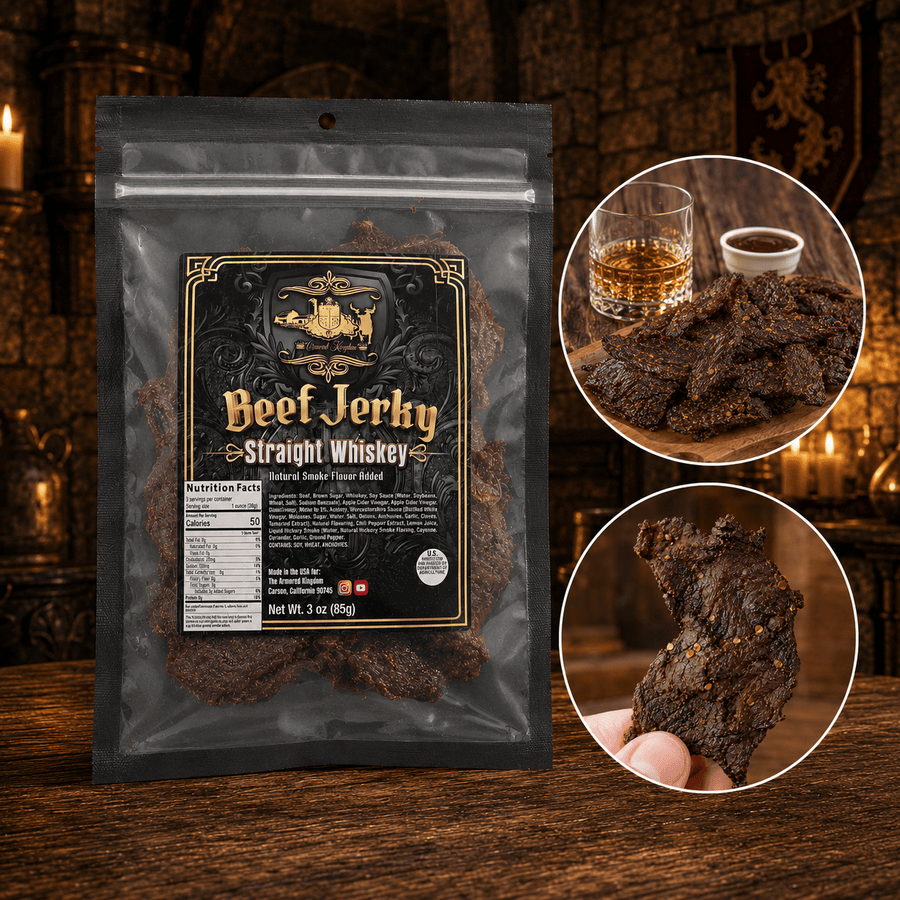 The Armored Kingdom Gourmet Straight Whiskey Beef Jerky-3oz-High Protein Dry Snack-Savory-Marinated with straight whiskey - The Armored Kingdom