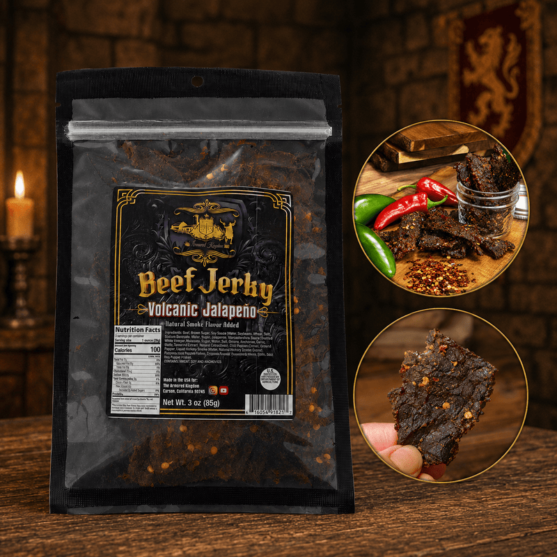 The Armored Kingdom Gourmet Volcanic Jalapeño Beef Jerky-3oz-High-Protein Gourmet Snack with Jalapeño, Cayenne & Red Peppers - The Armored Kingdom