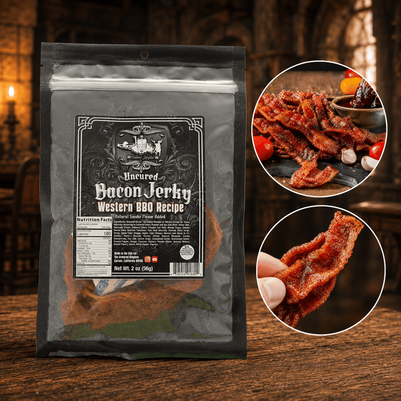 The Armored Kingdom Gourmet Western BBQ Recipe Bacon Jerky-Crunchy Strips-USA Made-Authentic Smoky Sweetness-Savory Richness-Bold Taste - The Armored Kingdom