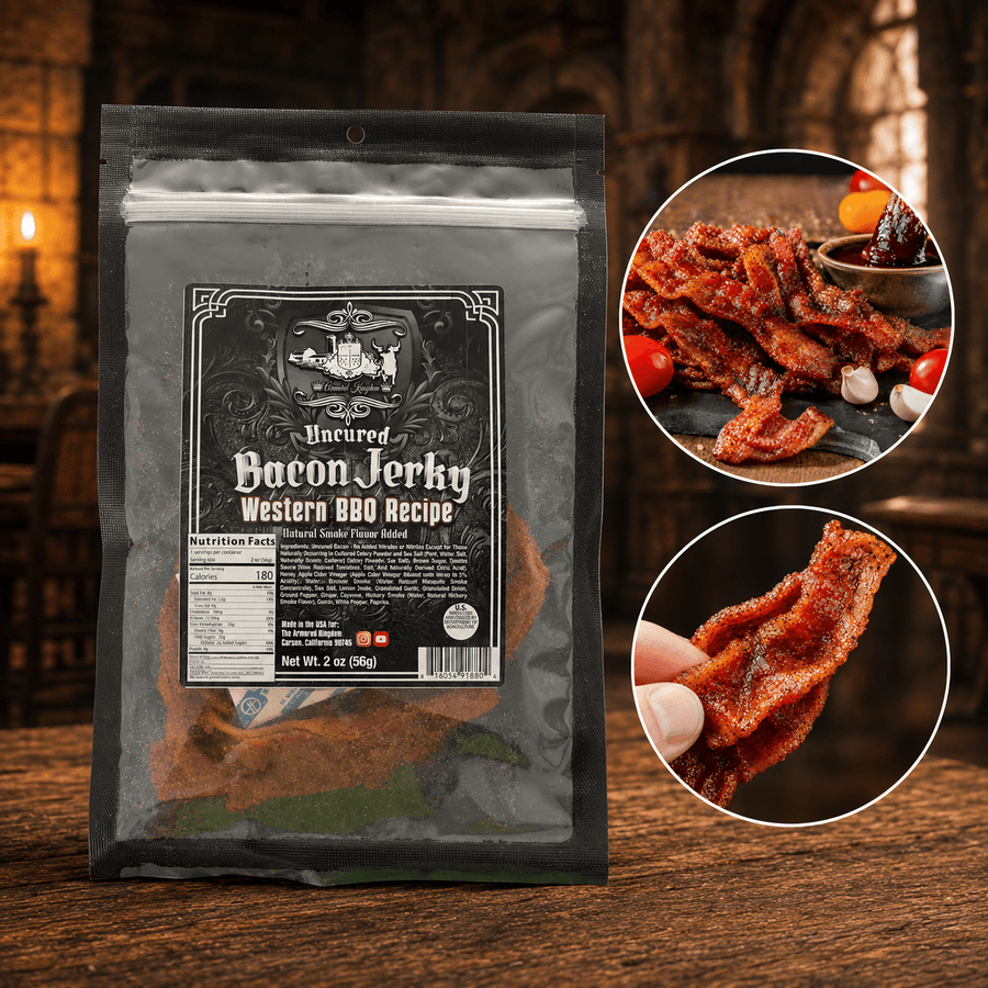 The Armored Kingdom Gourmet Western BBQ Recipe Bacon Jerky-Crunchy Strips-USA Made-Authentic Smoky Sweetness-Savory Richness-Bold Taste - The Armored Kingdom