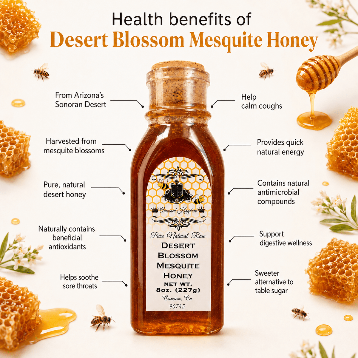 The Armored Kingdom Premium Desert Blossom Mesquite Honey Bottle-8oz-Sweet-Raw-Natural-Natural Sweetner - The Armored Kingdom