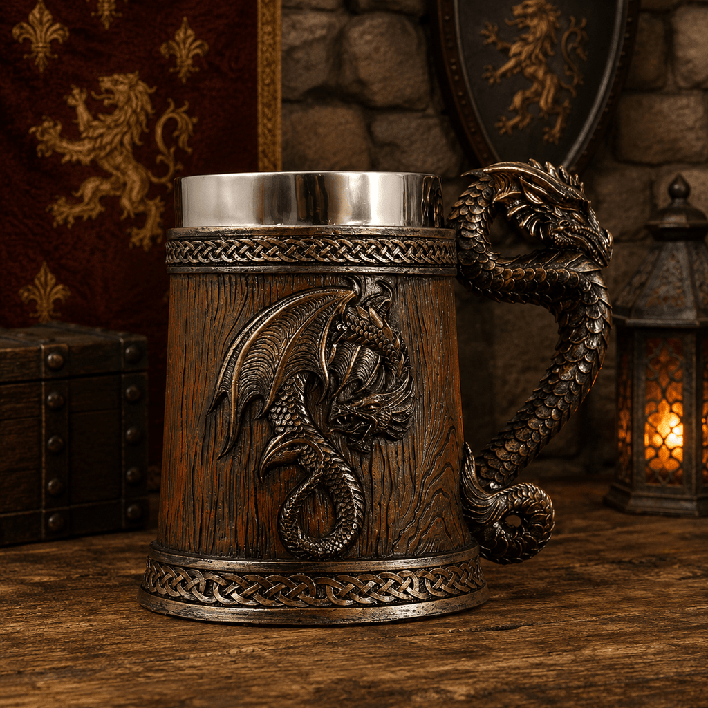 The Armored Kingdom Walnut Brown Battleborn Dragon Mug-Handcrafted-Solid Construction-Easy Grip-16oz Capacity - The Armored Kingdom