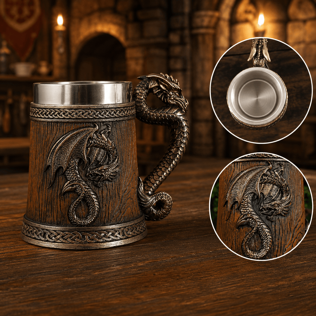 The Armored Kingdom Walnut Brown Battleborn Dragon Mug-Handcrafted-Solid Construction-Easy Grip-16oz Capacity - The Armored Kingdom