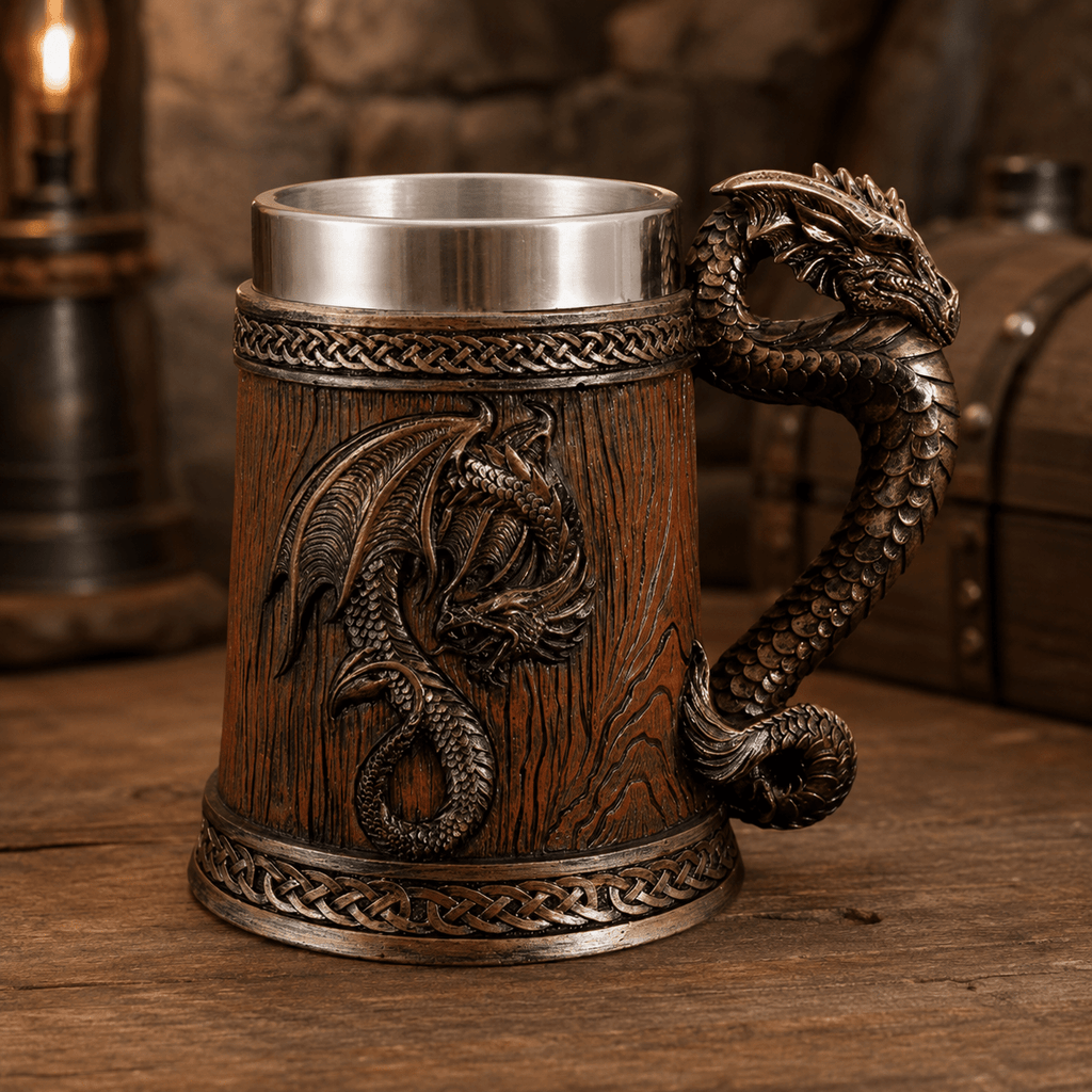 The Armored Kingdom Walnut Brown Battleborn Dragon Mug-Handcrafted-Solid Construction-Easy Grip-16oz Capacity - The Armored Kingdom