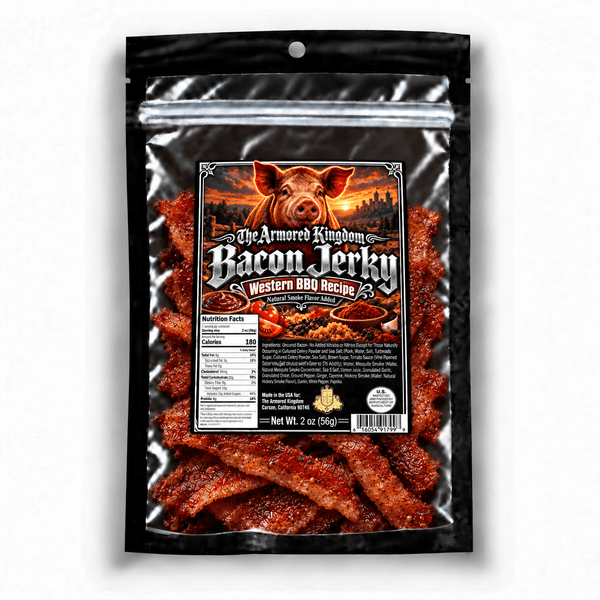 Western BBQ Recipe Gourmet Bacon Jerky by The Armored Kingdom Jerky-Crunchy Strips-USA Made-Authentic Smoky Sweetness-Savory Richness-Bold Taste-The Armored Kingdom - The Armored Kingdom