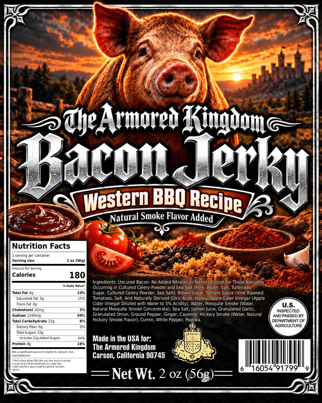 Western BBQ Recipe Gourmet Bacon Jerky by The Armored Kingdom Jerky-Crunchy Strips-USA Made-Authentic Smoky Sweetness-Savory Richness-Bold Taste-The Armored Kingdom - The Armored Kingdom