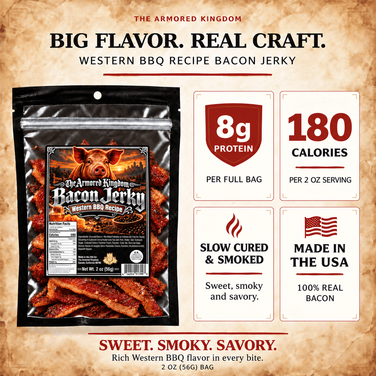 Western BBQ Recipe Gourmet Bacon Jerky by The Armored Kingdom Jerky-Crunchy Strips-USA Made-Authentic Smoky Sweetness-Savory Richness-Bold Taste-The Armored Kingdom - The Armored Kingdom