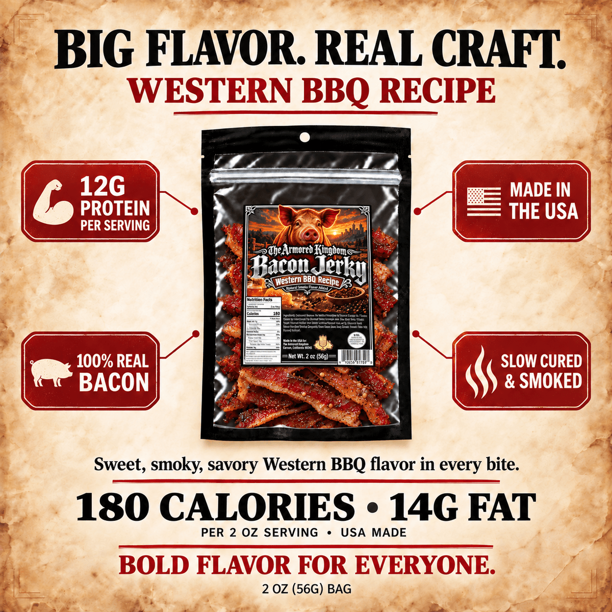 Western BBQ Recipe Gourmet Bacon Jerky by The Armored Kingdom Jerky-Crunchy Strips-USA Made-Authentic Smoky Sweetness-Savory Richness-Bold Taste-The Armored Kingdom - The Armored Kingdom